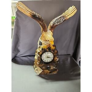 1950's Vintage Chalkware Figural Eagle Mantel Shelf Clock Lanshire Tested 18"